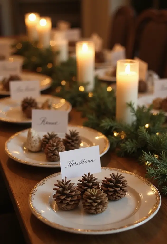 pinecone place cards with name tags on holiday table