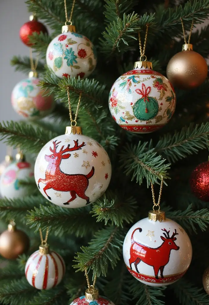 colorful hand-painted christmas ornaments on tree