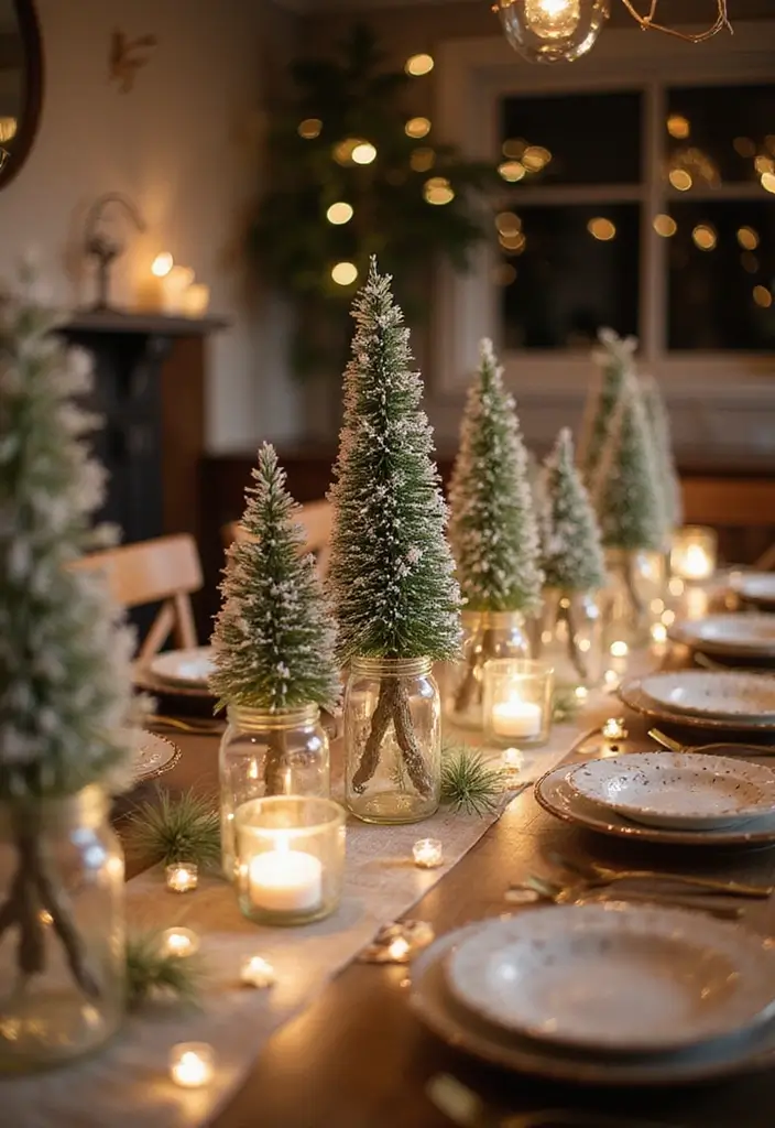 mason jars with artificial snow and fairy lights