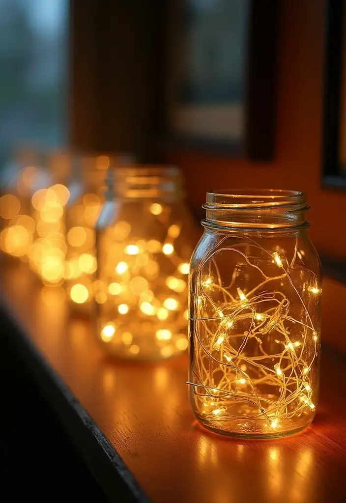 glass jars with twinkling holiday string lights