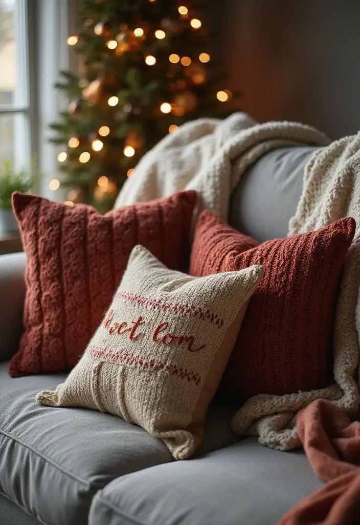 festive knit throw pillows in holiday colors