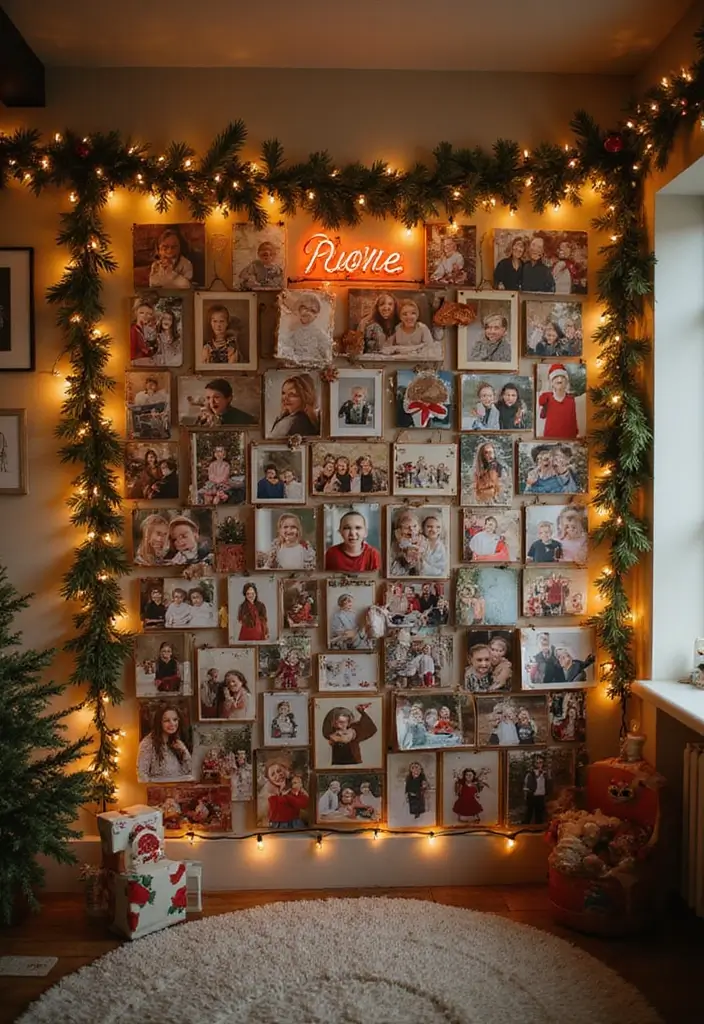 holiday photo wall with festive garland and lights