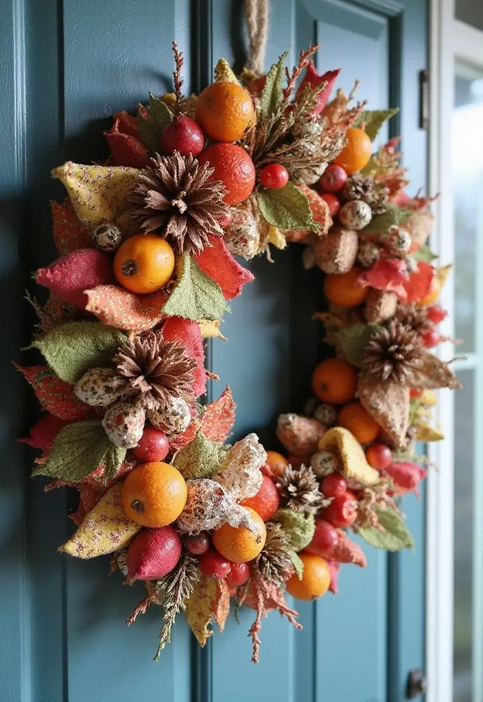 upcycled material christmas wreath with pinecones