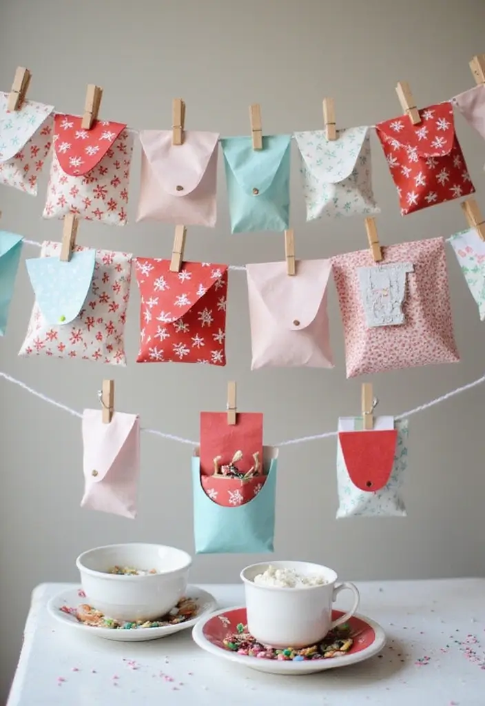 advent calendar with numbered pouches and decorations