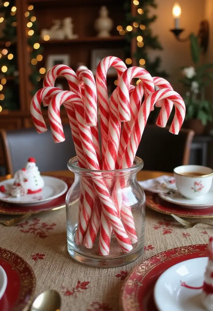 vase with candy canes and evergreen sprigs