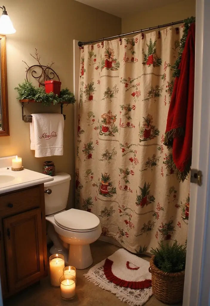 bathroom with festive towels and mini trees