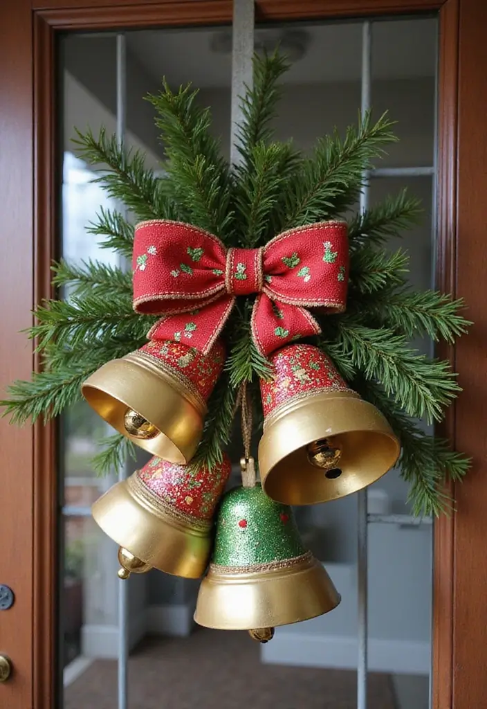 jingle bell door hanger with festive ribbons