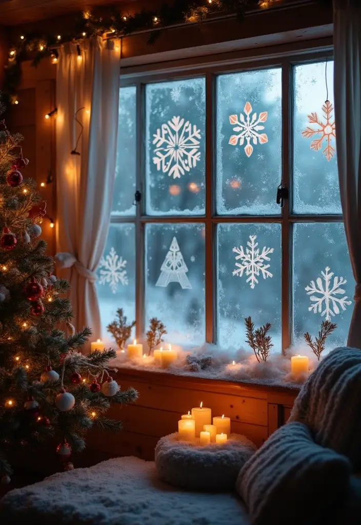 frosted windowpanes with snowflake stencils