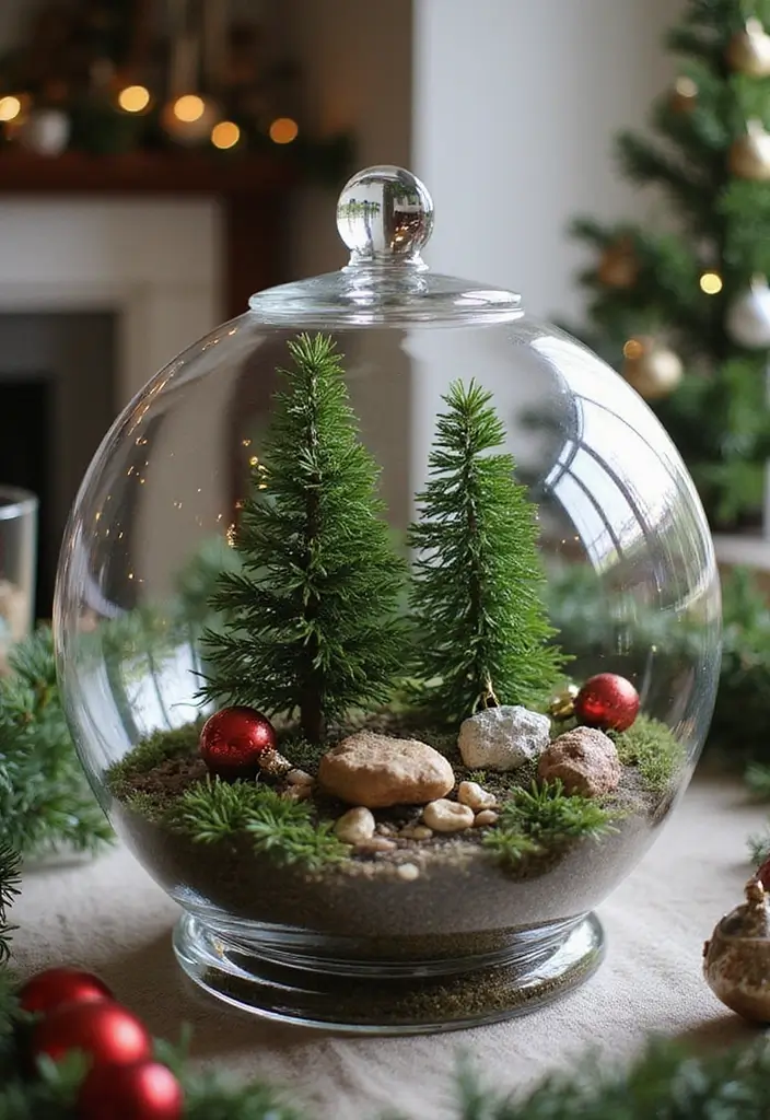 glass terrariums with evergreens and ornaments
