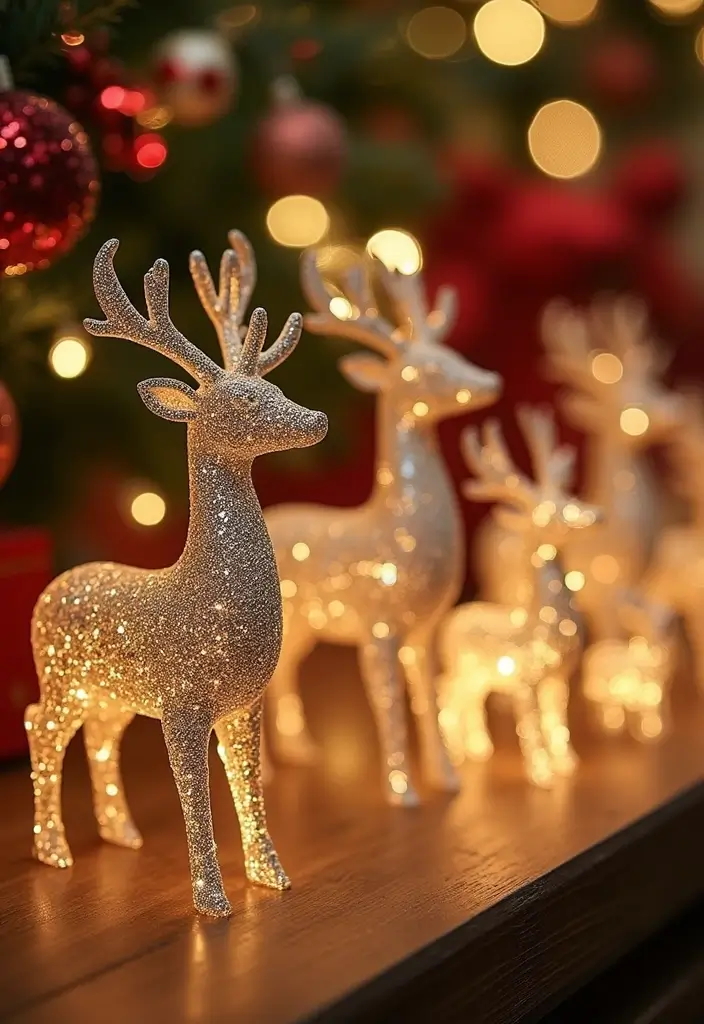 glittery reindeer figurines with festive bows