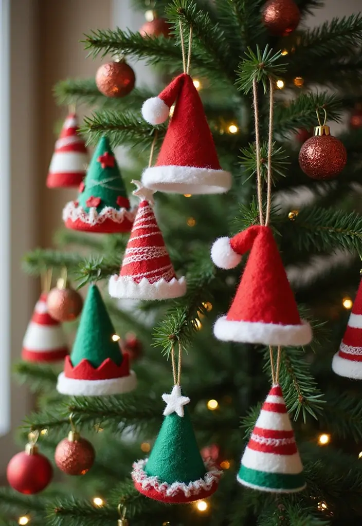 santa hat ornaments made from felt