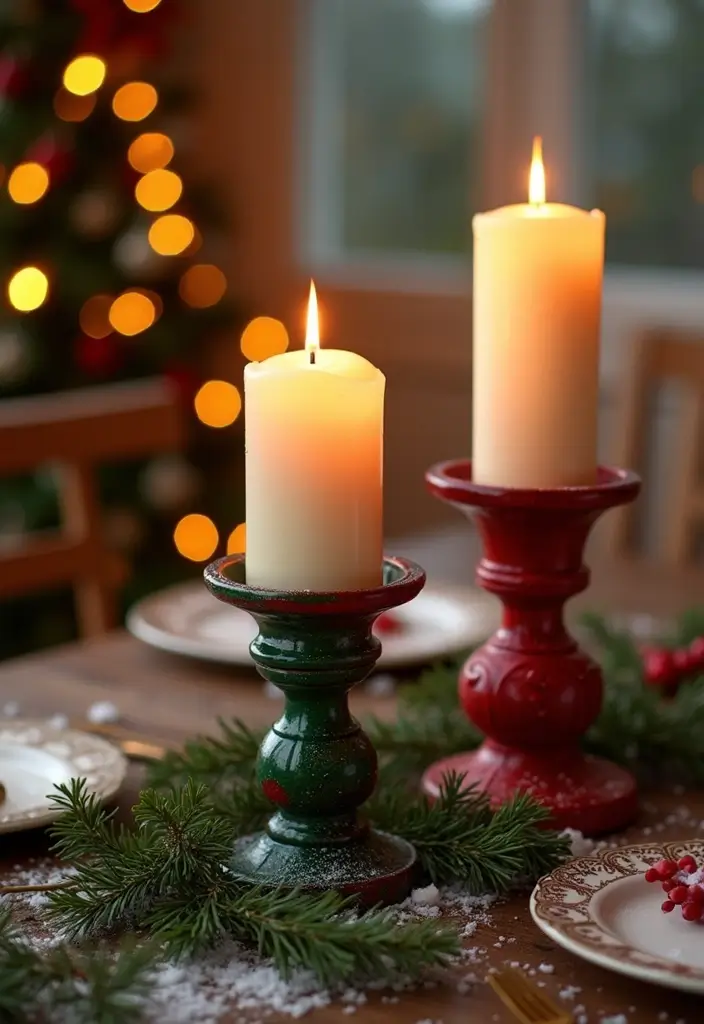 painted candle holders with pine needles