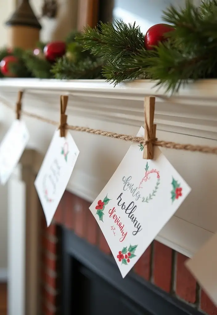 holiday cards on jute twine with clothespins