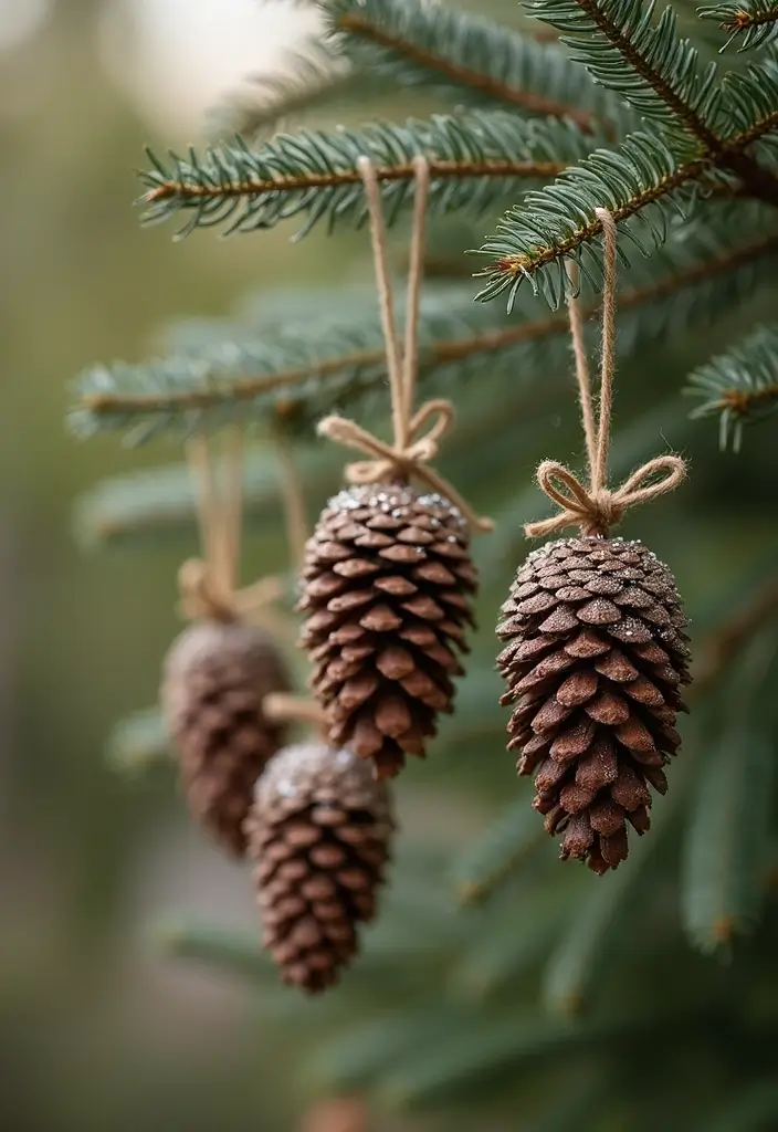 pinecone ornaments hanging on outdoor tree