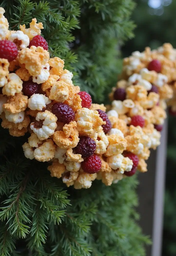 edible garlands with popcorn and cranberries on porch