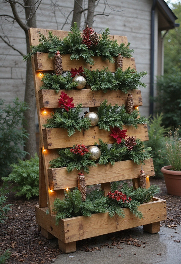 pallet display with festive lights and greenery
