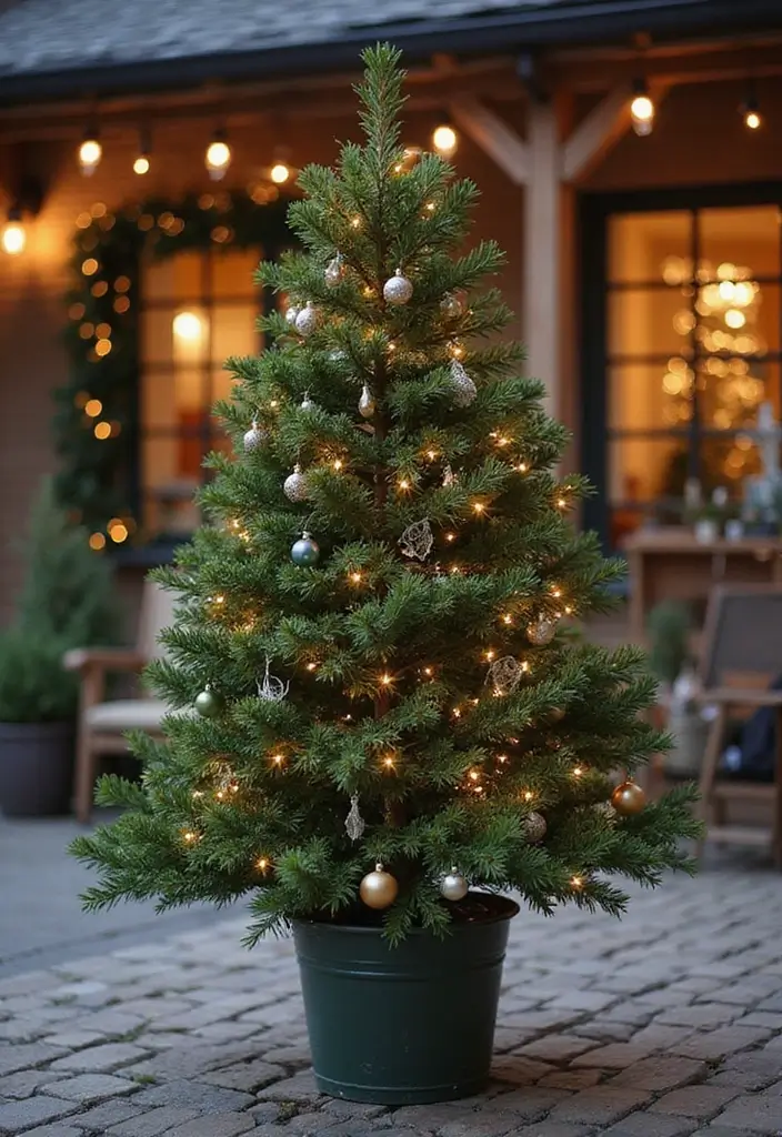 potted christmas tree with organic ornaments
