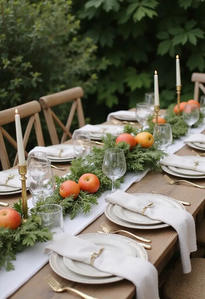 outdoor table with bamboo plates and greenery