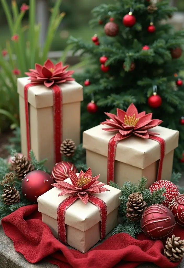 gifts wrapped in fabric with pinecone decor