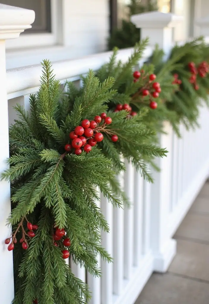 pine and berry swags on porch railing