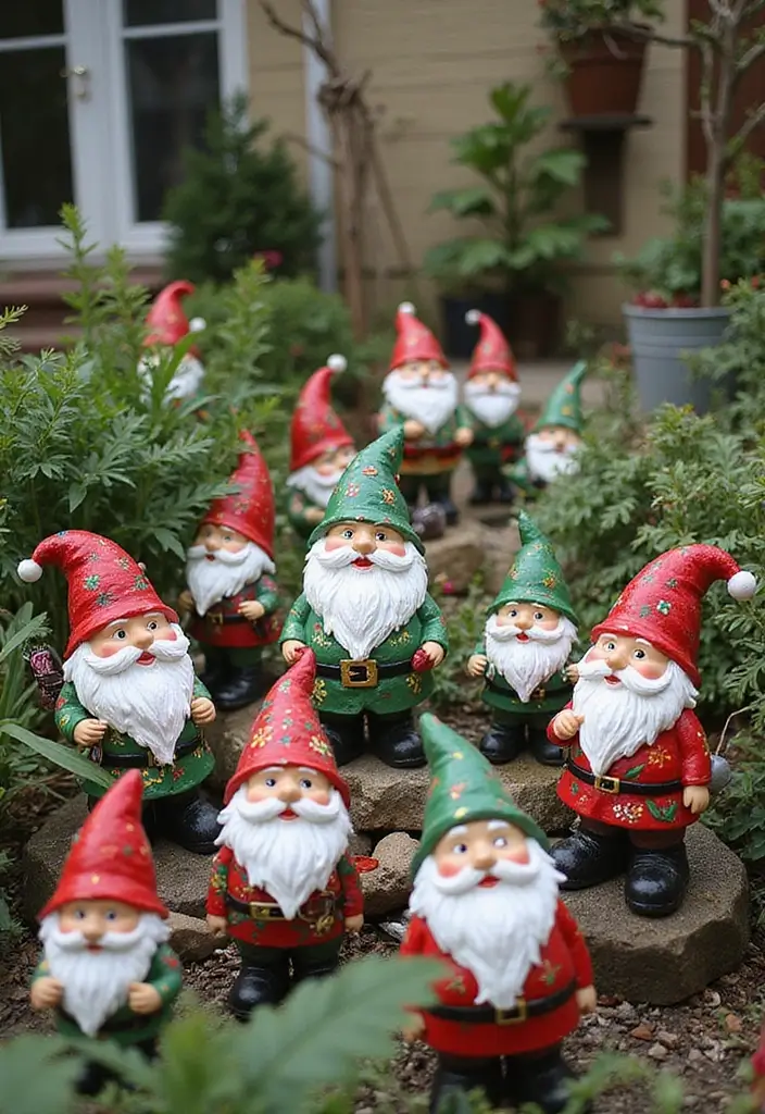 garden gnomes with festive holiday colors