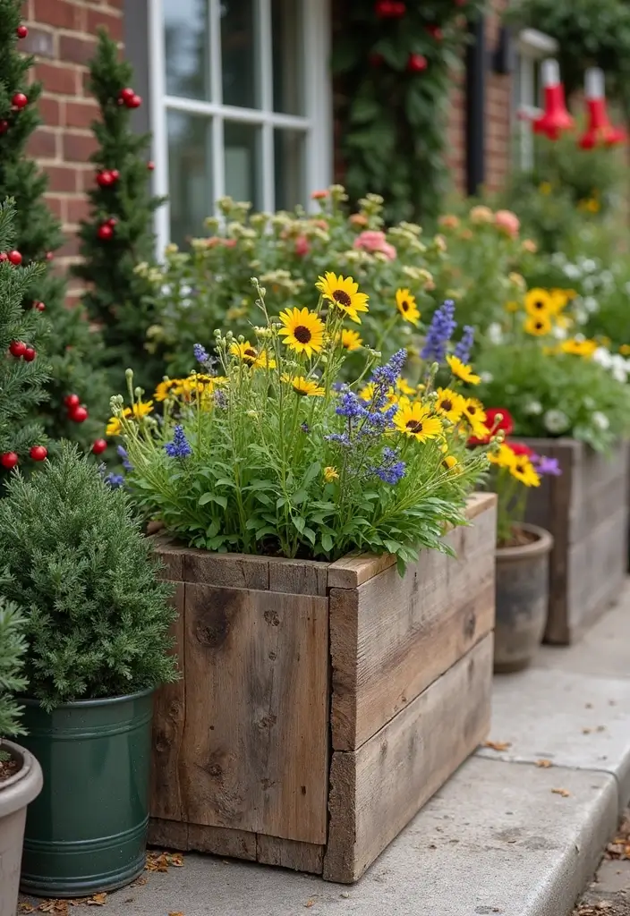 reclaimed wood planters with seasonal flowers