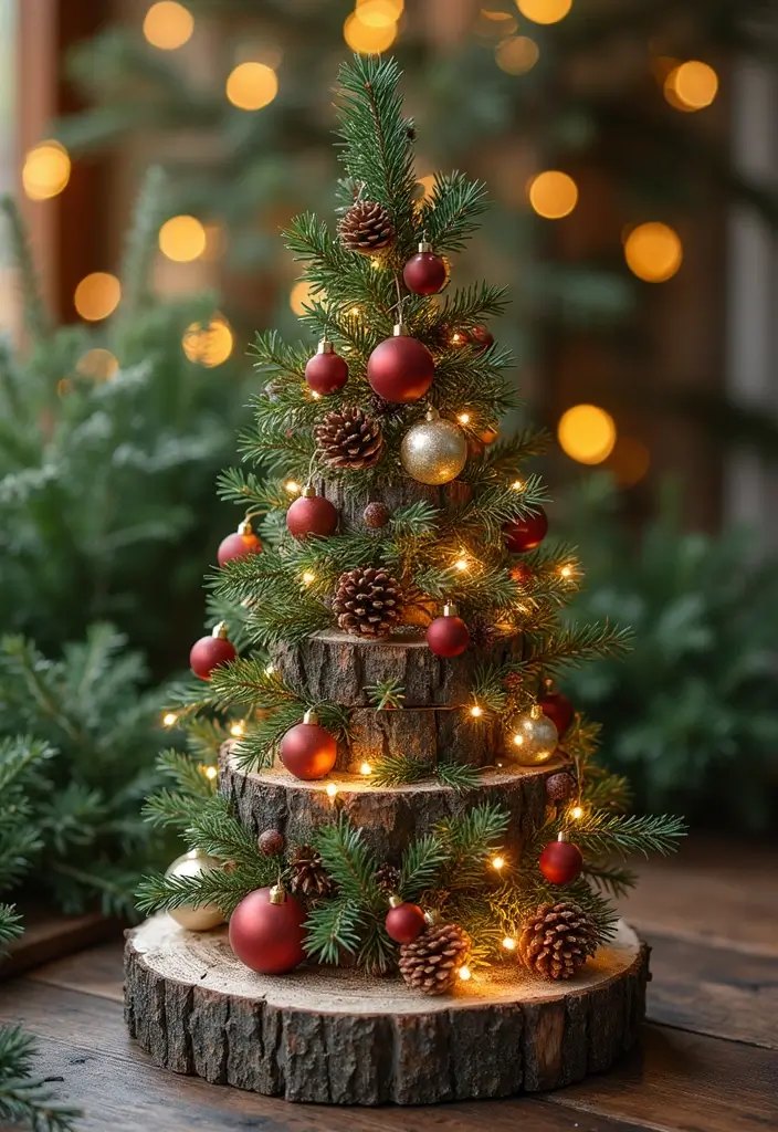 chopping block with pine branches and ornaments
