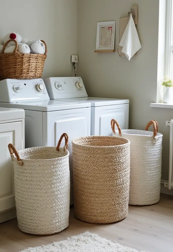 woven basket with lid on slim console hiding dirty clothes