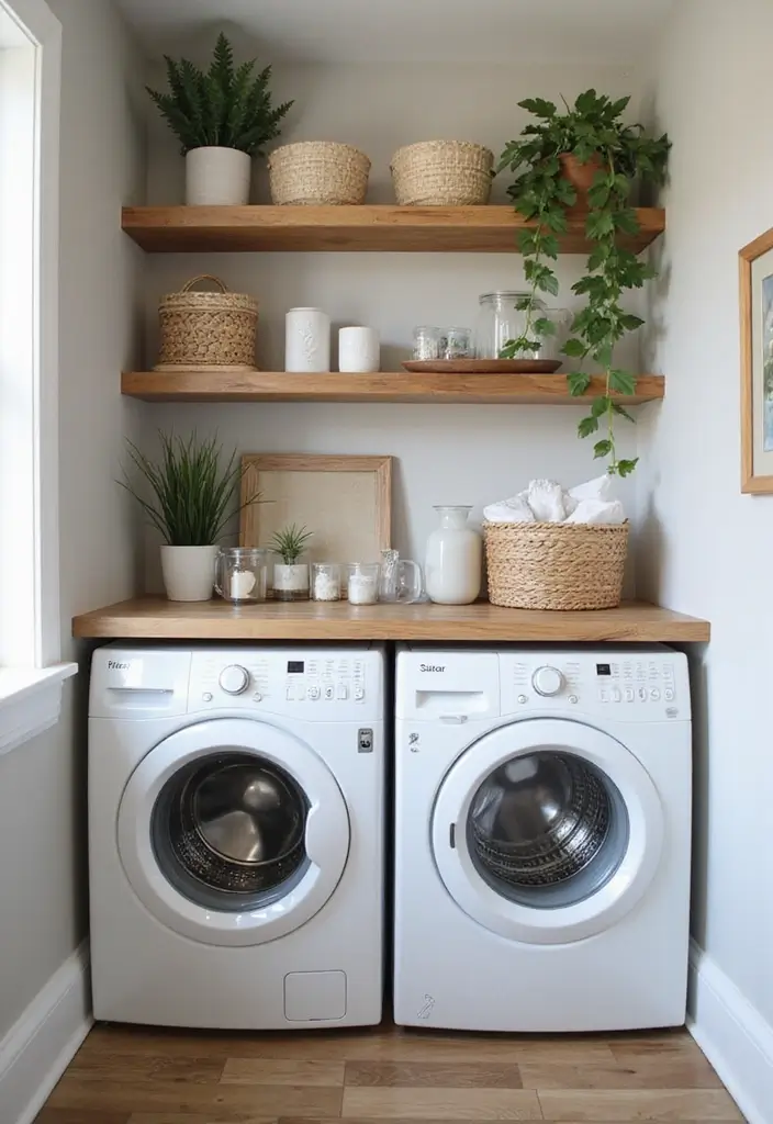 open shelves with colorful detergent bottles and small plant