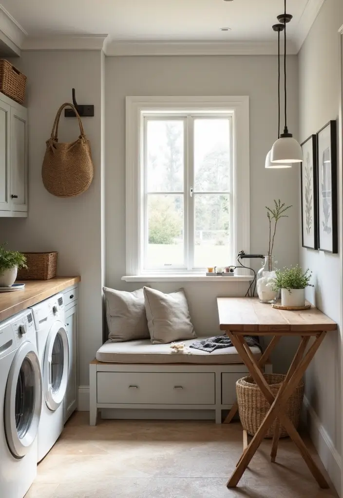 storage bench with lift top and fold-out table in small space
