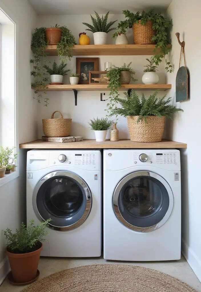 seasonal towels and small plant display on shelf