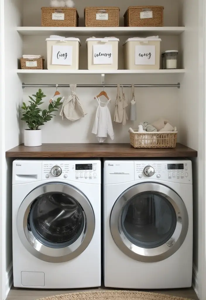 three labeled bins on slim cart for sorting laundry