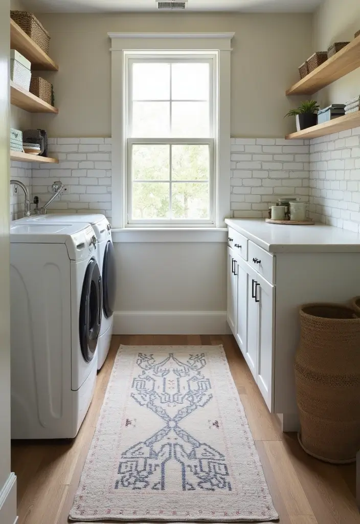 vinyl plank floor with washable rug in front of washer