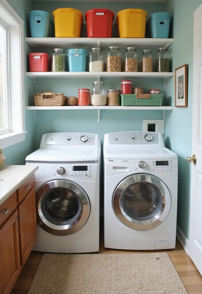 color-coded bins and jars on shelf for detergents and supplies
