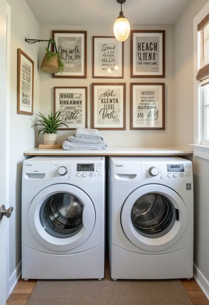 framed quote art on laundry room wall above shelves