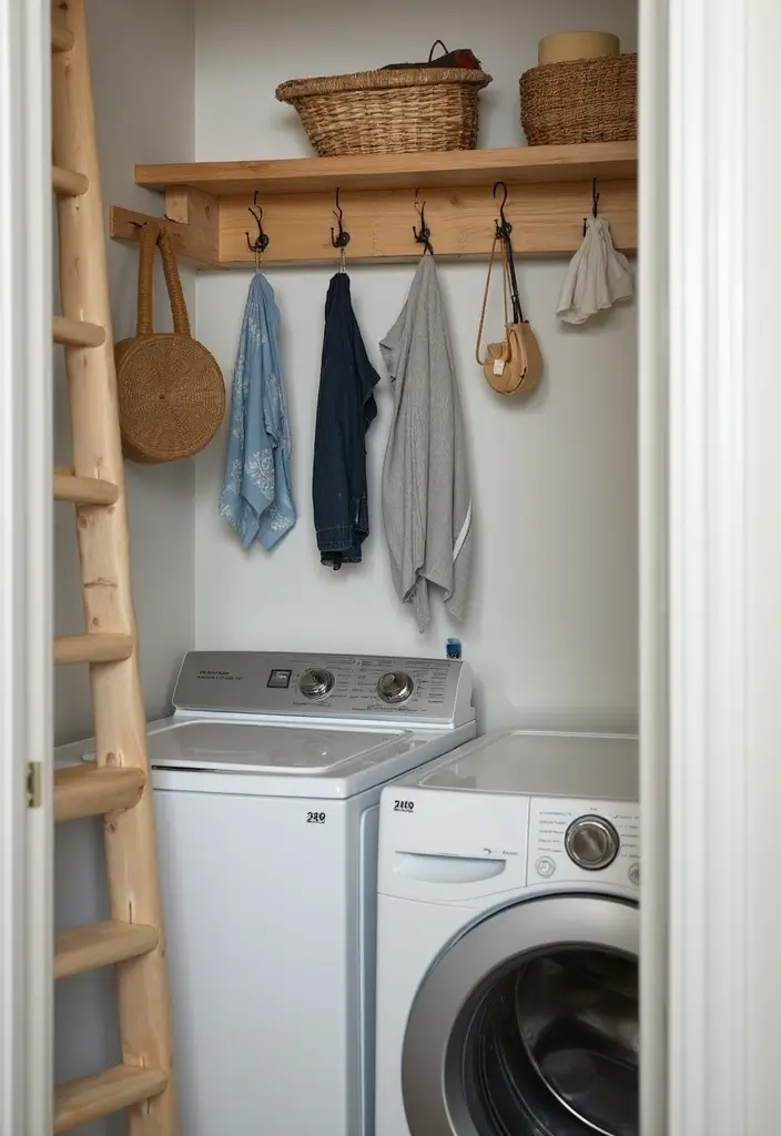 wall-mounted retractable clothesline and wood ladder for drying