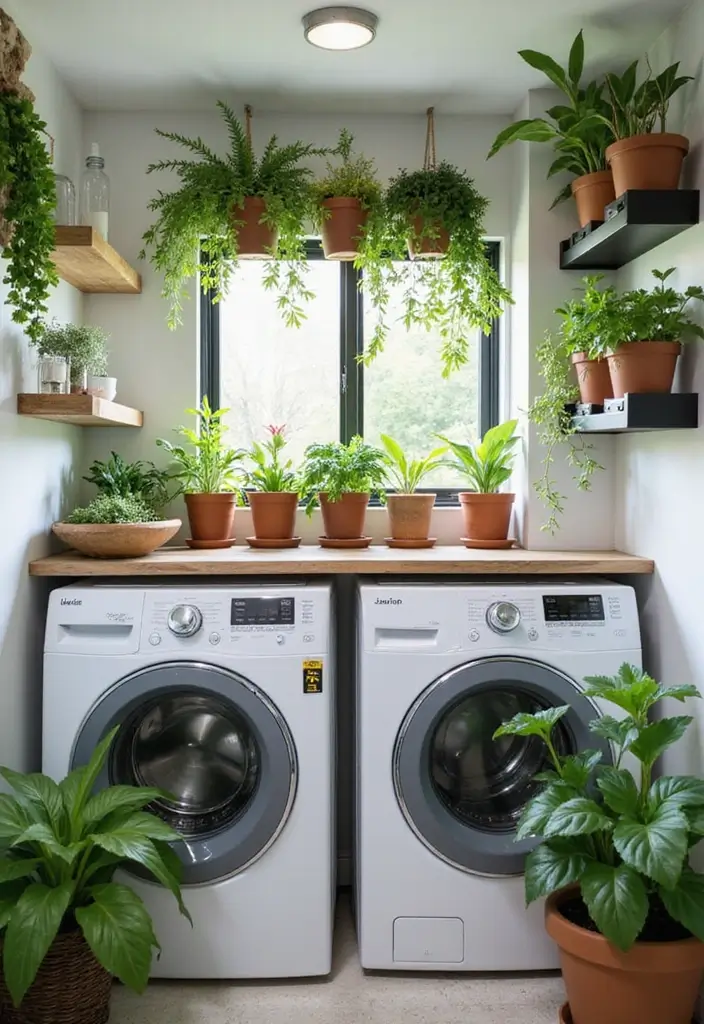 pothos plant on shelf and hanging planter in laundry room