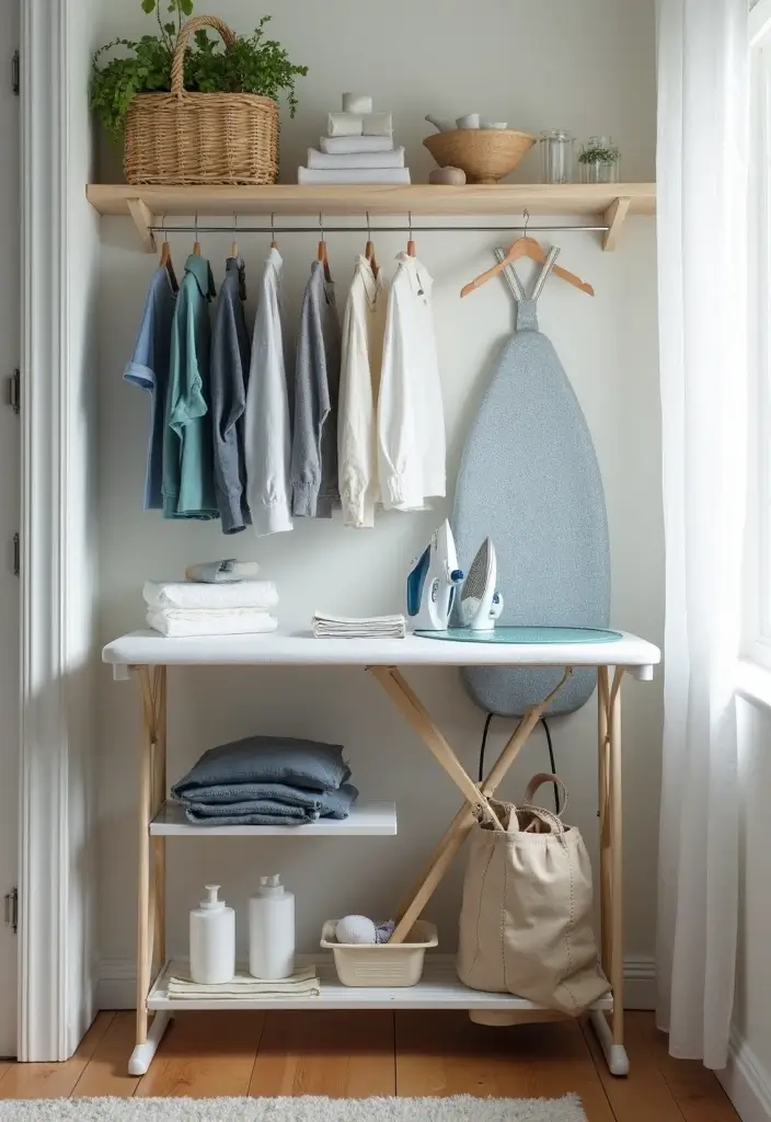 fold-down ironing board mounted inside a cabinet door with iron and supplies nearby