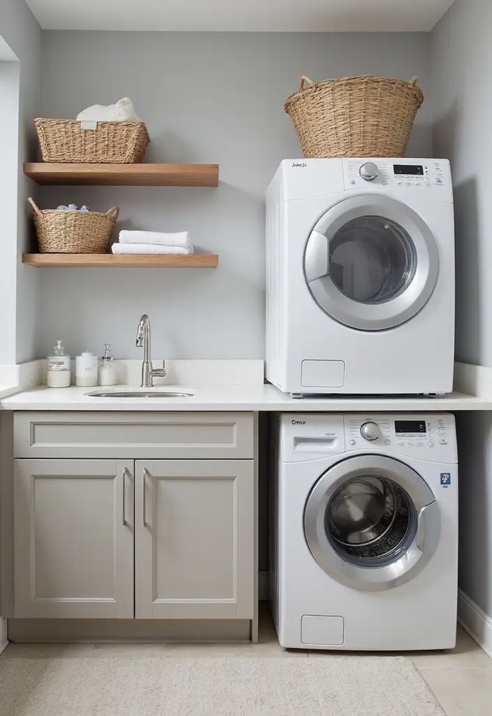 stacked washer dryer with wood countertop and cabinets above