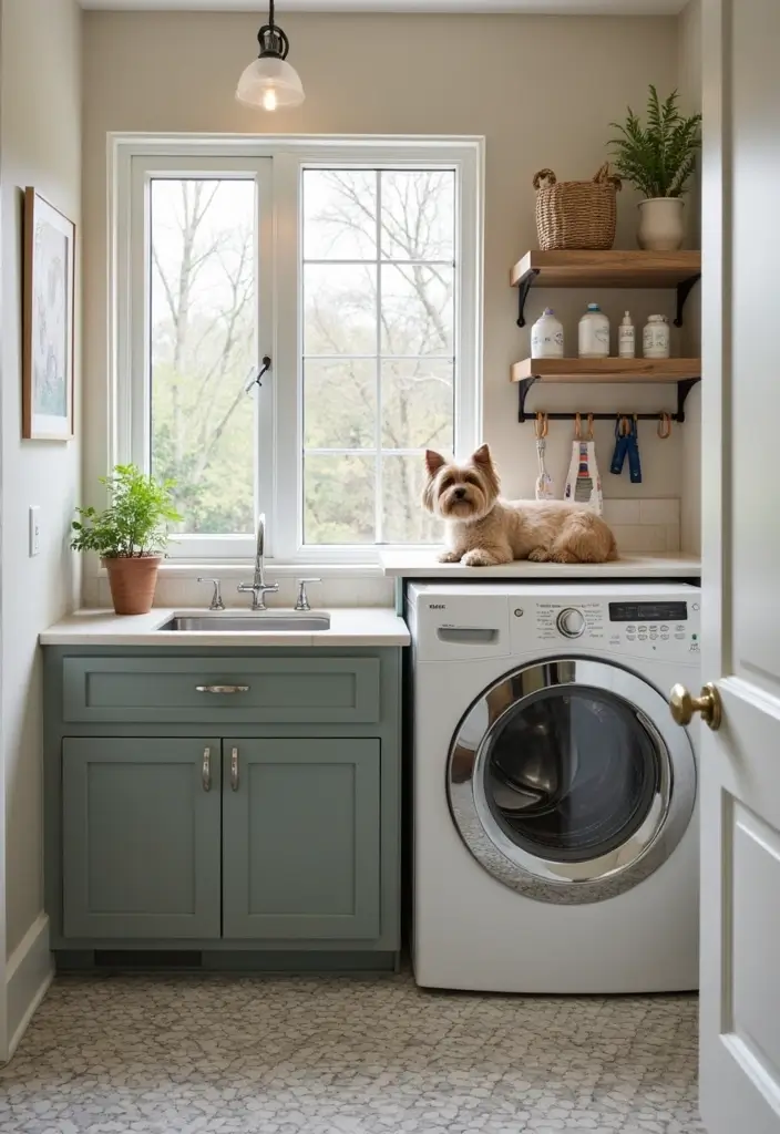 low pet shower area with handheld sprayer and drain in laundry room corner