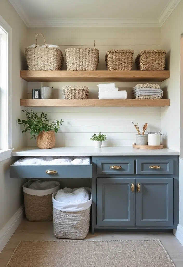 wide wood countertop over washer dryer used as folding station with baskets underneath