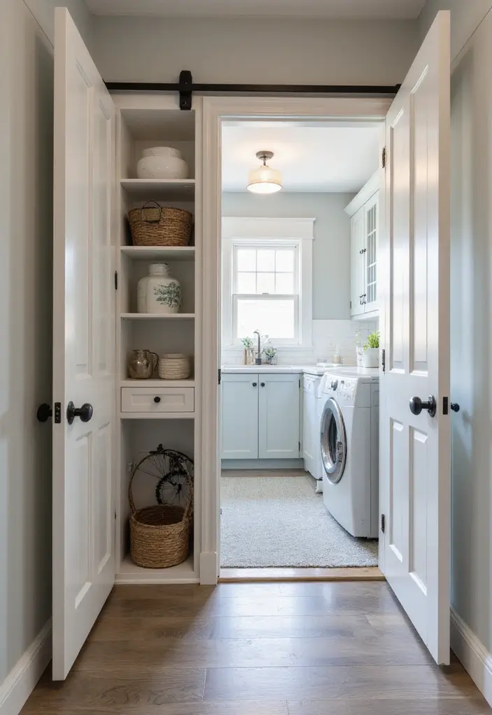 hidden laundry chute door in hallway leading straight to laundry room baskets