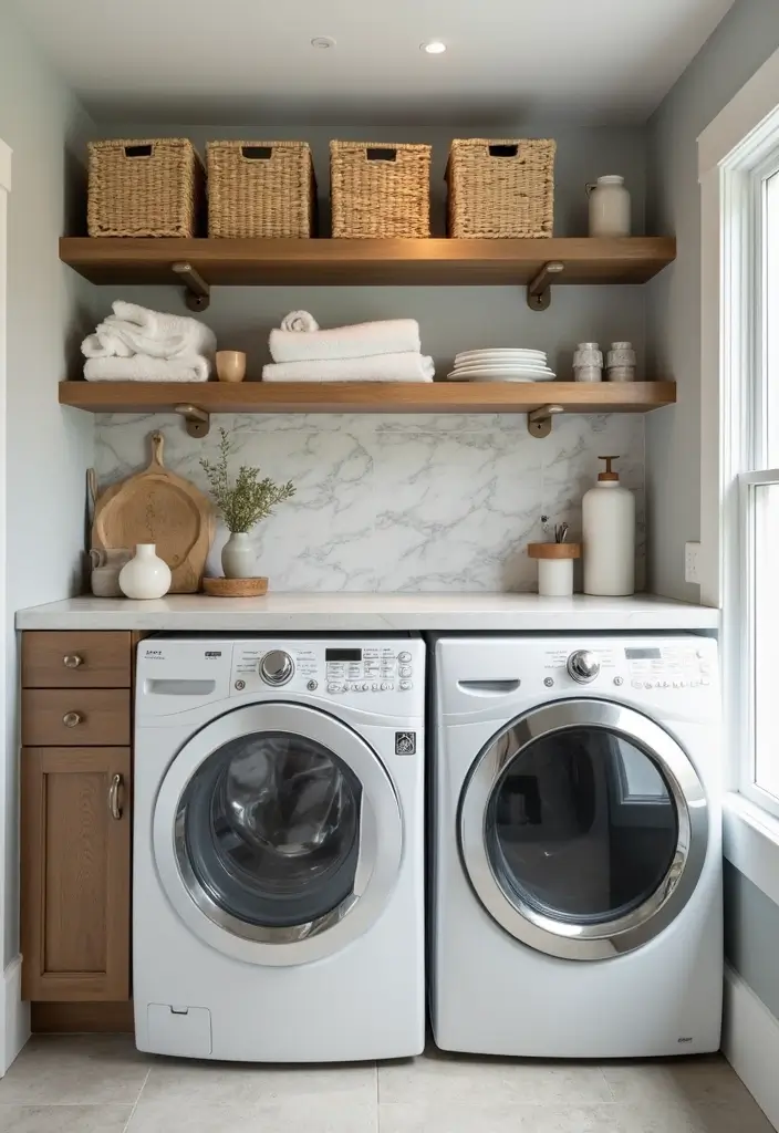 clean white floating shelves above washer and dryer holding neat baskets