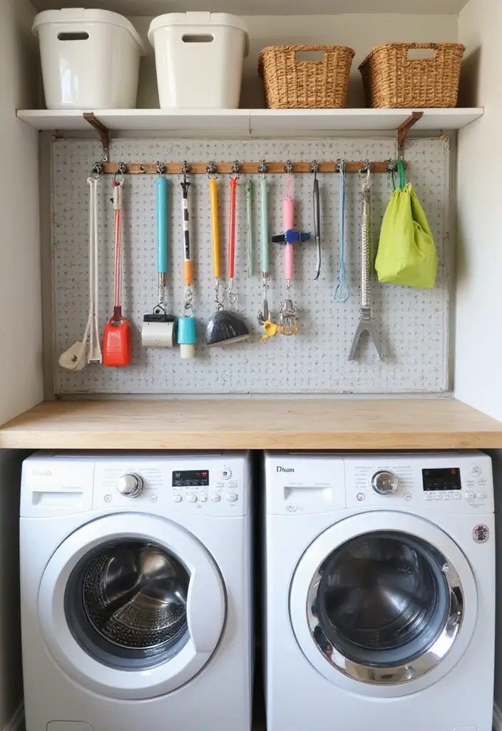 white pegboard with hooks holding brushes, spray bottles, and small baskets