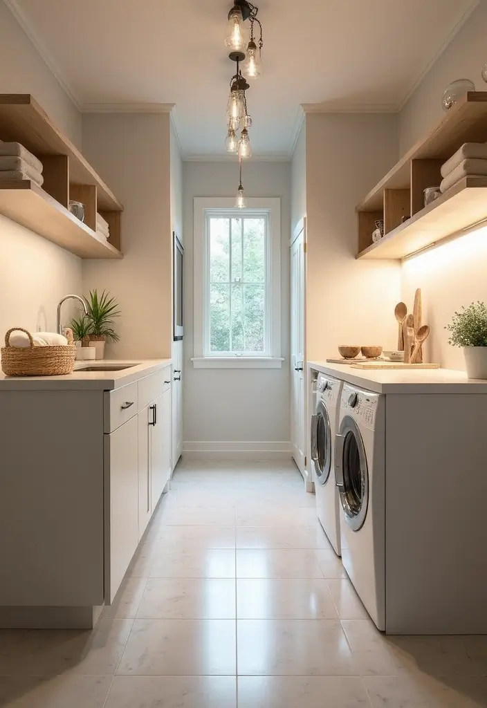modern pendant lights and under-cabinet leds making laundry room bright and cheerful