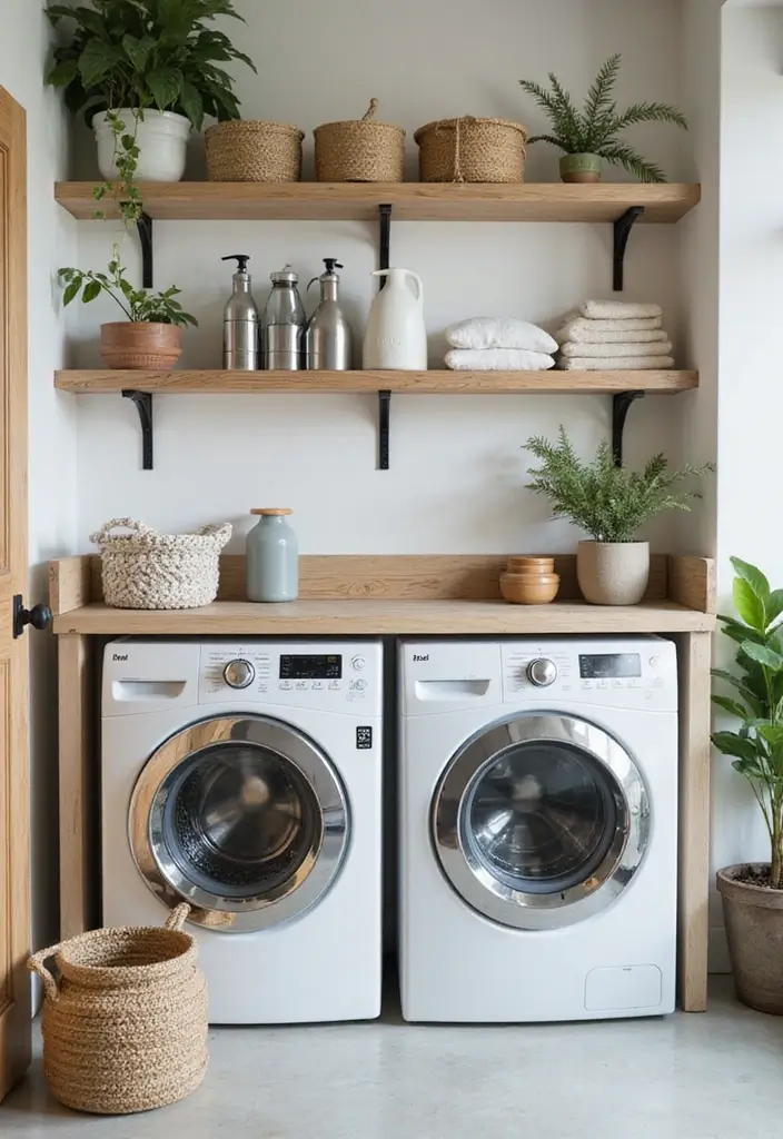 wooden drying rack with clothes and wool dryer balls on shelf