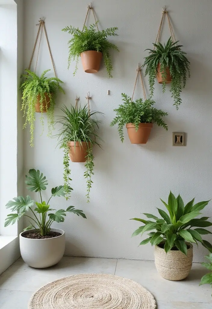 hanging wall planters with green plants and succulents