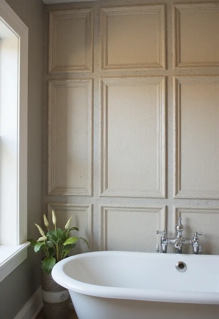 white textured shiplap wall behind bathtub