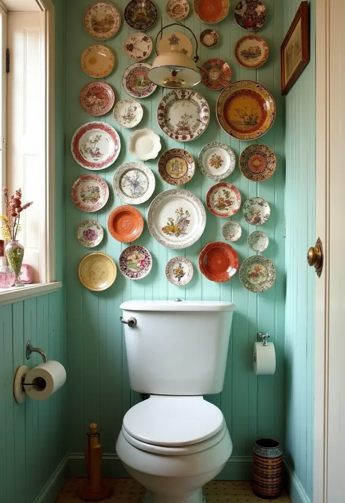 wall display of colorful vintage plates