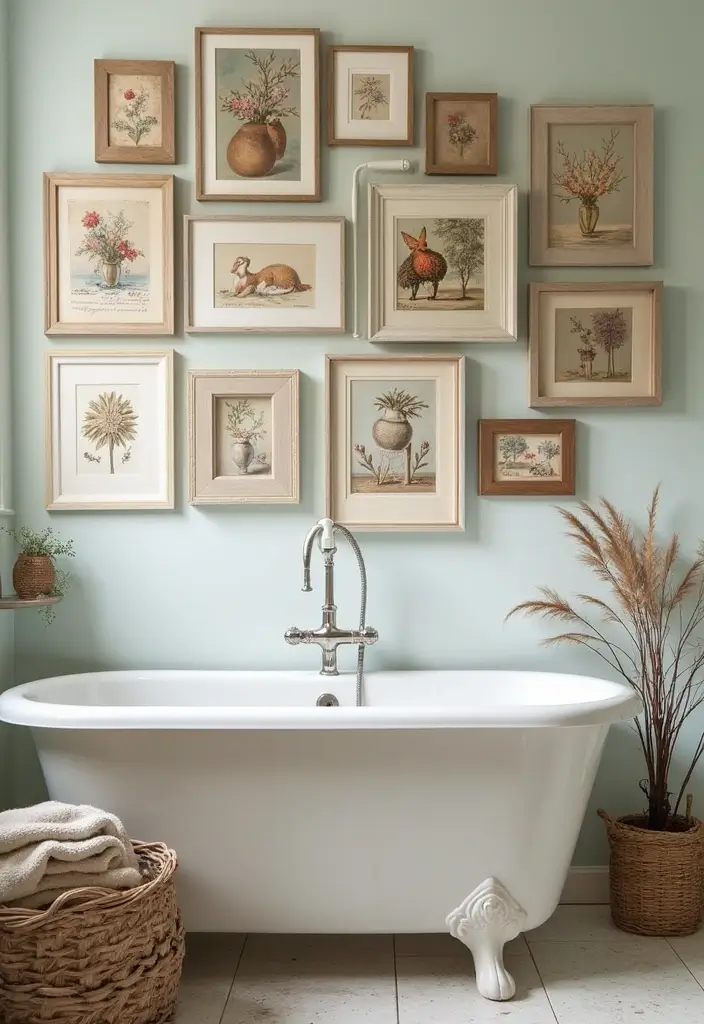 vintage framed art and black-and-white photos on bathroom wall